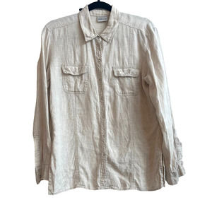 Chico’s 100% Linen Oatmeal Color Button Down Top With Double chest Pockets